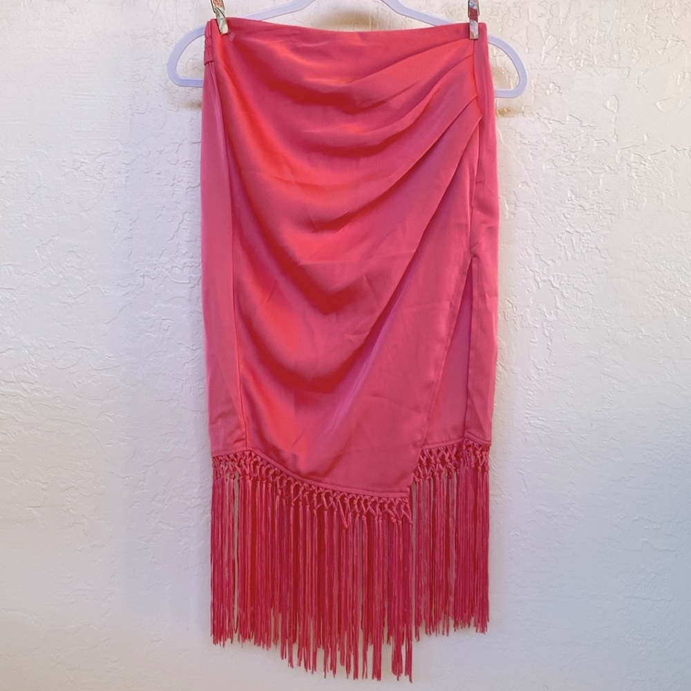 RACHEL ZOE Satin Fringe Midi Skirt